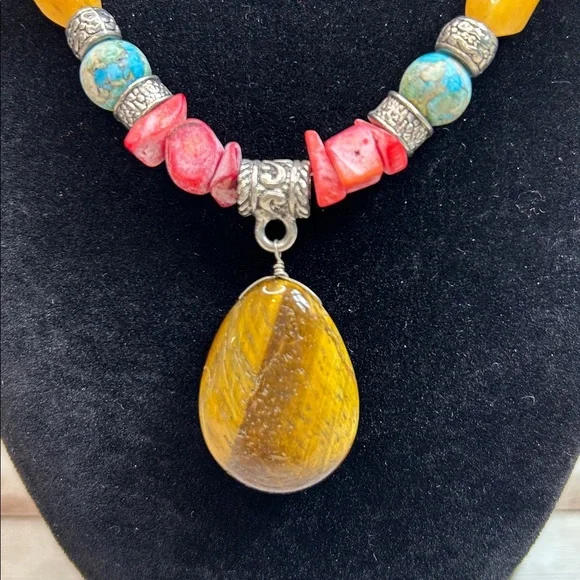 Gorgeous Coral, Turquoise and 925 Necklace with Tigers Eye Stone Pendant